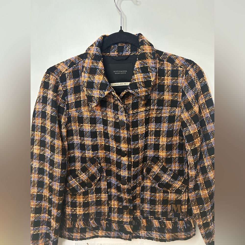 SCOTCH & SODA TWEED BOXY CHECKERED BUCLE BLACK AND ORANGE JACKET - Picture 2 of 11